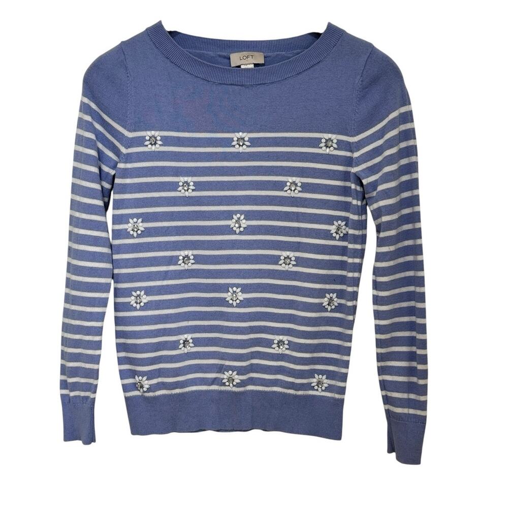 Loft Blue & White Striped Beaded Daisy Sweater S
